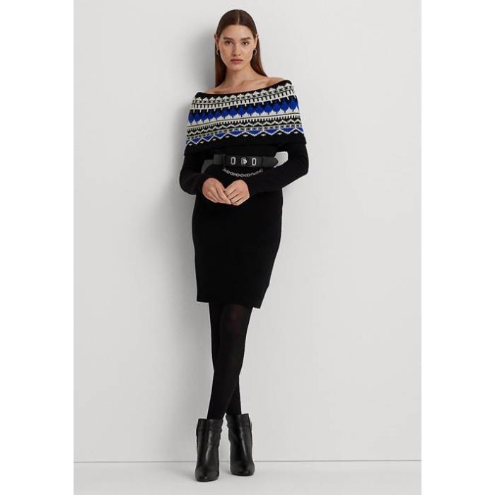 [해외] 로렌랄프로렌 Fair Isle 페어 아일 오프 숄더 니트 스웨터 원피스 드레스 BLACK/CREAM/SAPPHIRE STAR